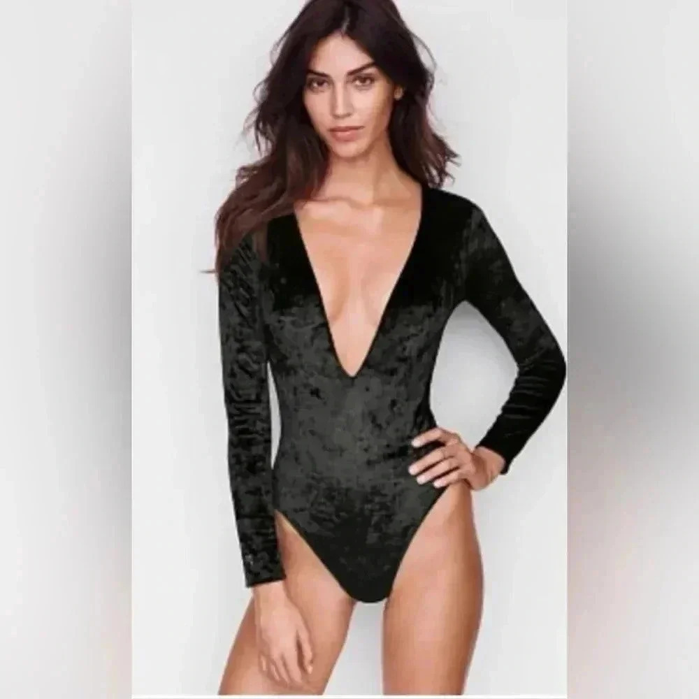 Victoria's Secret Crushed Velvet Plunge Bodysuit Black XS/S